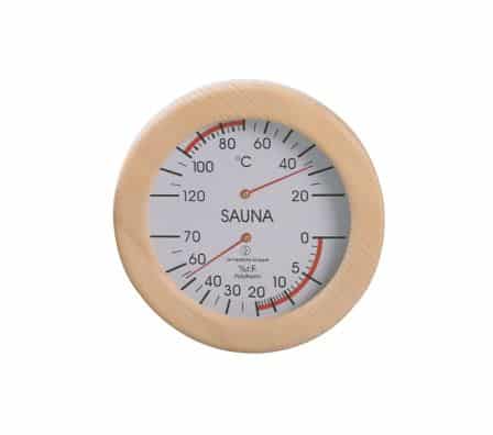 Sauna Thermo + Hygrometer rond met luxe houten omlijsting (Ø 19cm)